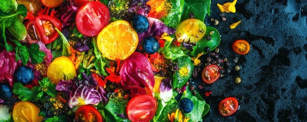 Vibrant fresh salad with tomatoes, berries, and mixed greens on black surface