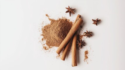 A composition of cinnamon sticks and powdered spice with star anise on a white background.