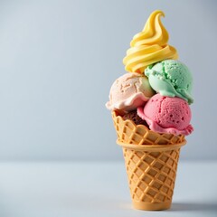 A selection of cold ice creams piled high within a crunchy waffle cone, desserts, cold