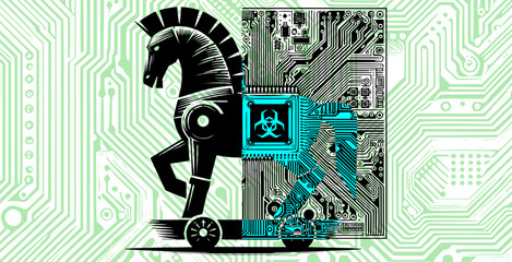 Vector eps illustration of trojan horse malware on blue background, malicious software, all graphic elements labelled