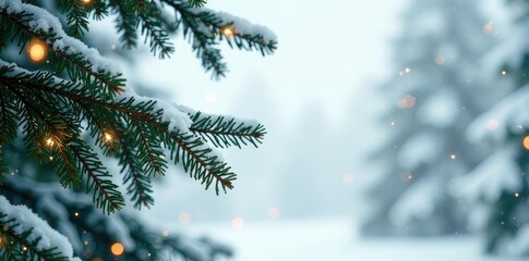 Dense fir tree branches against a snowy white background with twinkling lights, evergreen, winter wonderland