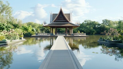 Fototapeta premium Tranquil Lotus Pavilion Reflection in Blossoming Orchards - Ultra-Detailed Thai Architecture Cinematic Scene