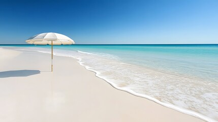 Serene Beach Scene- White Umbrella on Pristine Sand and Turquoise Ocean