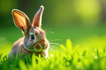Fototapeta premium Adorable little rabbit hiding in green grass with ears visible, rabbit, green
