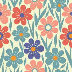 Abstract wildflower pattern. Blooming spring red,blue and off white flowers in elegant. Flowers in pastel colors.eps 10.