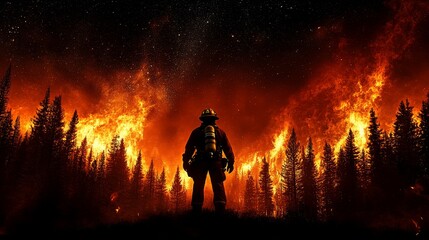 Fototapeta premium Firefighters Battling California Wildfires at Night, Silhouette of a Brave Rescuer Against Blazing Flames, Capturing the Intensity and Heroism in the Face of Danger.