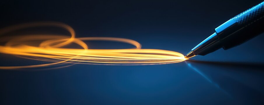 Glowing lines emanating from pen tip on dark background