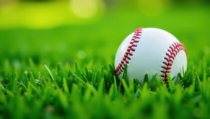 Baseball lies on green grass, partially hidden by blades of tall grass, outfield, stadium