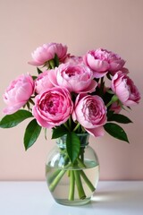 Beautiful bunch of pink peonies and roses in a vase, spring flowers, flower arrangement
