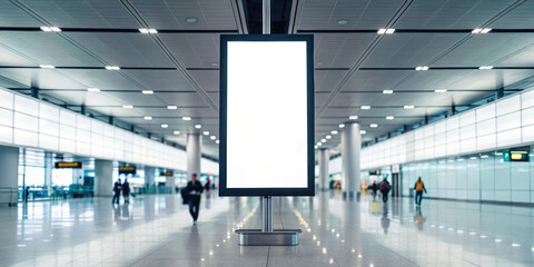 Digital banner mockup in a busy airport terminal with blank space for advertising
