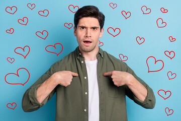 Photo of frustrated guy point hand himself scream fault cant be him isolated over blue color background