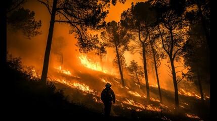 Firefighters Battling California Wildfires at Night, Silhouette of a Brave Rescuer Against Blazing Flames, Capturing the Intensity and Heroism in the Face of Danger.