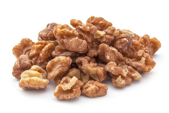 A pile of shelled walnuts arranged on a white background.