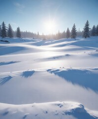 Obraz premium Gentle sunlight on a pristine snow-covered field in a serene blue sky, gentle, winter wonderland, serene