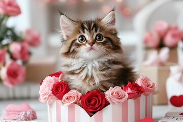 Fluffy Kitten with Large Eyes Sitting Inside a Heart-Shaped Box Filled with Pink and Red Roses, Love Letters, and Tiny Gifts, Evoking a Heartwarming, Romantic Atmosphere