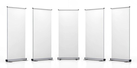 Set of five blank white roll-up banners for advertising and promotional mockup