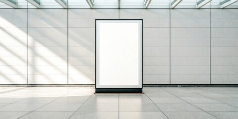 Blank digital banner mockup in a spacious modern hallway with natural light