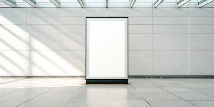 Blank digital banner mockup in a spacious modern hallway with natural light