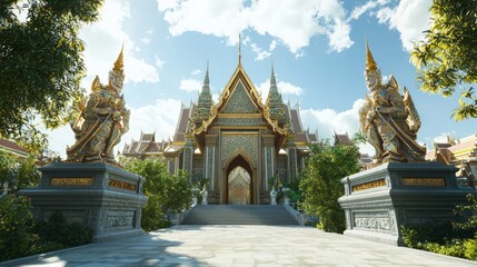 Majestic Mosaic Guardians at Giant Thai Gate with Orchard View - Ultra-Detailed Cinematic Image
