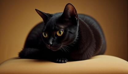 Black cat relaxing on a soft surface with vibrant yellow background
