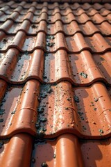 Fototapeta premium Clean roof tiles after high pressure water cleaning, wet, surface
