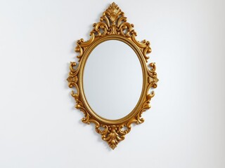 GGolden ornate mirror with carved frame on a white wall, chic, frame