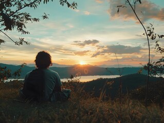 A peaceful sunset scene on National Day Unplugging, with people watching the colors change across the sky, leaving their devices behind to simply appreciate nature