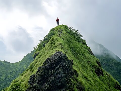 A solo hiker unplugging on National Day Unplugging, standing at the peak of a mountain, breathing in fresh air, completely immersed in the beauty of nature