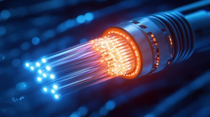 Fototapeta na wymiar A close-up of a fiber-optic cable transmitting light signals