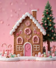 Gingerbread house with gumdrops, candy canes, and other edible decorations on a soft pink background , sweet treats, gingerbread, snowflake