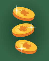 A whimsical vector illustration featuring flying leprechaun coins intertwined with a four leaf clover. The coins shimmer with gold, symbolizing luck and prosperity. st patricks day