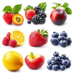 Fresh Assorted Fruits Isolated on White Background, Cut Out for Clean and Vibrant Display, Perfect for Food Photography and Healthy Lifestyle Concepts.