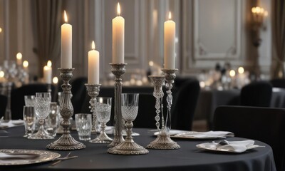 Glamorous black tie wedding table decor with ornate silver candlesticks and crystal stemware, black tie, ornate