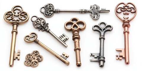A collection of decorative vintage keys in various designs and finishes.