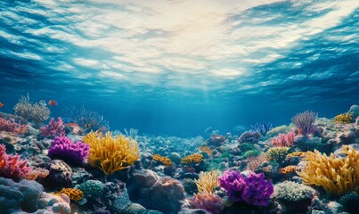 Obraz premium Digital invitation card for World Oceans Day featuring a serene ocean scene with vibrant marine life