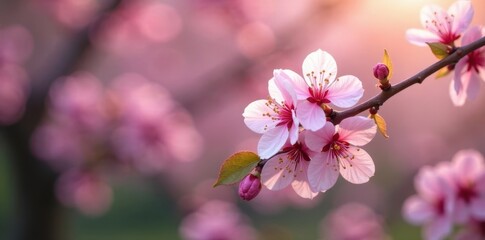 Obraz premium Close-up of single cherry blossom flower in focus against a blurred background of spring foliage , spring, nature
