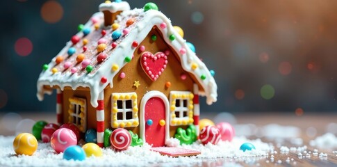 Colorful Gingerbread House with Candy Decorations, decorated, sweet treats