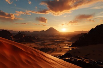 Dramatic desert landscape showcasing sweeping sand dunes, deep shadows, vibrant golden hour hues, expansive view from above.