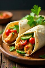 Colorful kati roll filled with spicy Unda chicken, cherry tomatoes, cucumber slices, and coriander leaves on a wooden platter , spicy chicken, cherry tomato