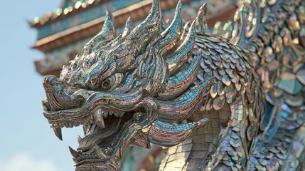 Fototapeta premium Majestic Thai Architecture: Ornate Roof Finial of Fierce Creature in Glowing Mosaic Details under Midday Sun