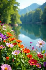 Colorful summer flowers in a garden with a serene lake background, greenery, serene