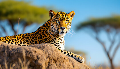 Fototapeta premium Majestic Leopard in African Savanna: A Portrait of Power