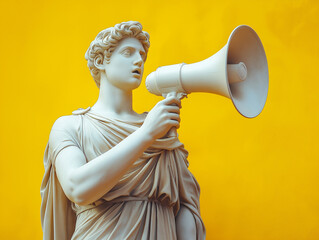 Greek statue holding megaphone against yellow background.