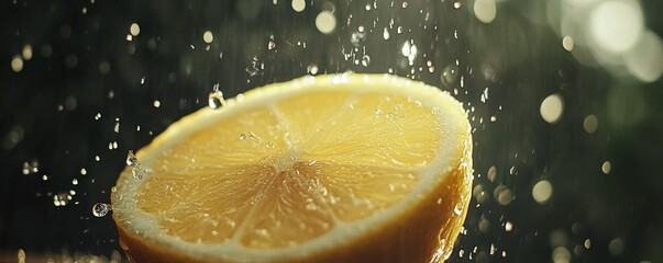 Juicy lemon slice with water droplets in sunlight