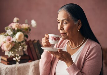 A Native American woman in her sixties sipping tea from a delicate porcelain teacup in cozy setting with floral background.