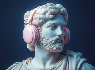 Greek statue wearing headphone isolated