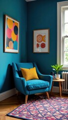 Fototapeta premium Cozy blue nook with geometric patterned rug and abstract art piece, geometric patterns, color palette