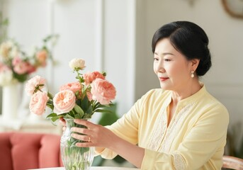 A Chinese woman in her fifties arranges flowers in a crystal vase at home.