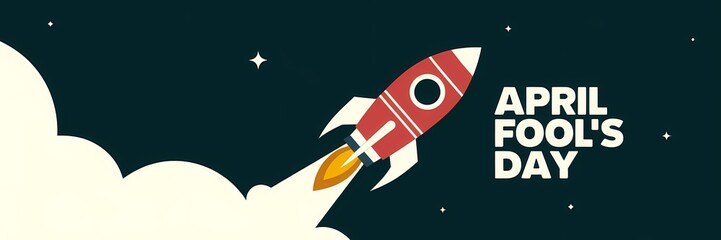 A poster design with a minimalist space theme for April Fool's Day. The background is a dark space with stars. There's a large text that says "April Fool's Day". There's a rocket ship launching 