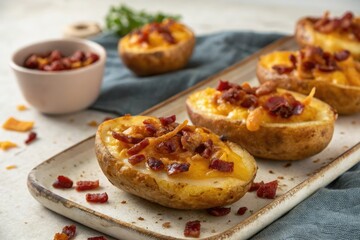 Golden brown potato skins loaded with melted cheddar and crunchy bacon, snack, crunchy, potato, cheese